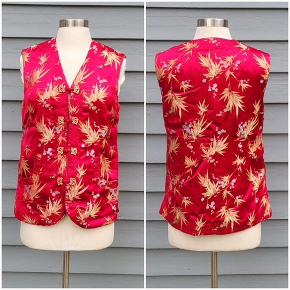100% Silk Cheongsam Qipao Reversible Red Burgundy Floral Oriental Padded Vest Md - Picture 1 of 9